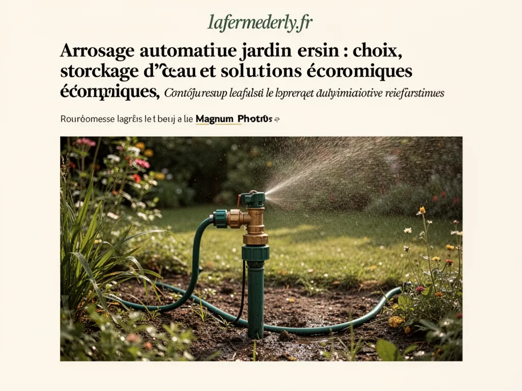 Réseau d'arrosage enterré autour d'une cuve de récupération d'eau et rangées de légumes arrosées par goutte-à-goutte